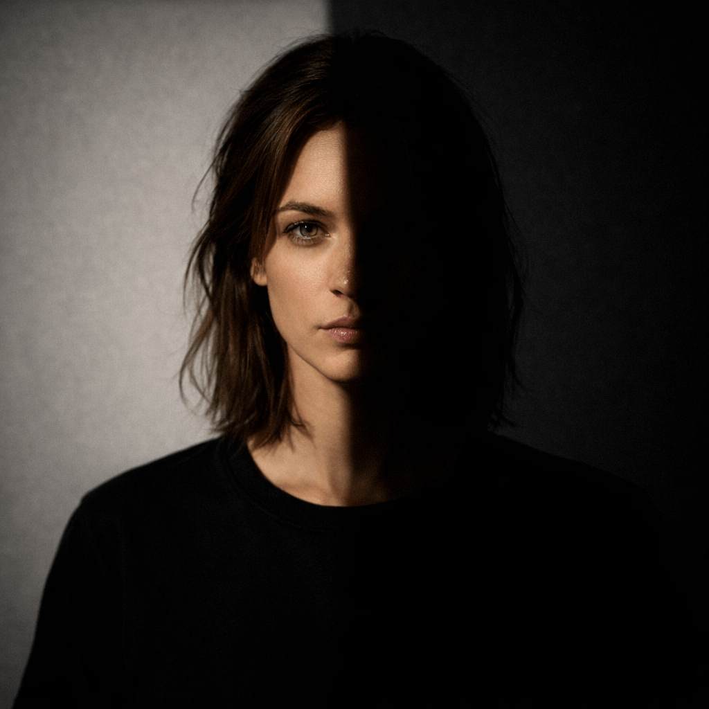 Man facing forward with half of his face illuminated and half in shadow