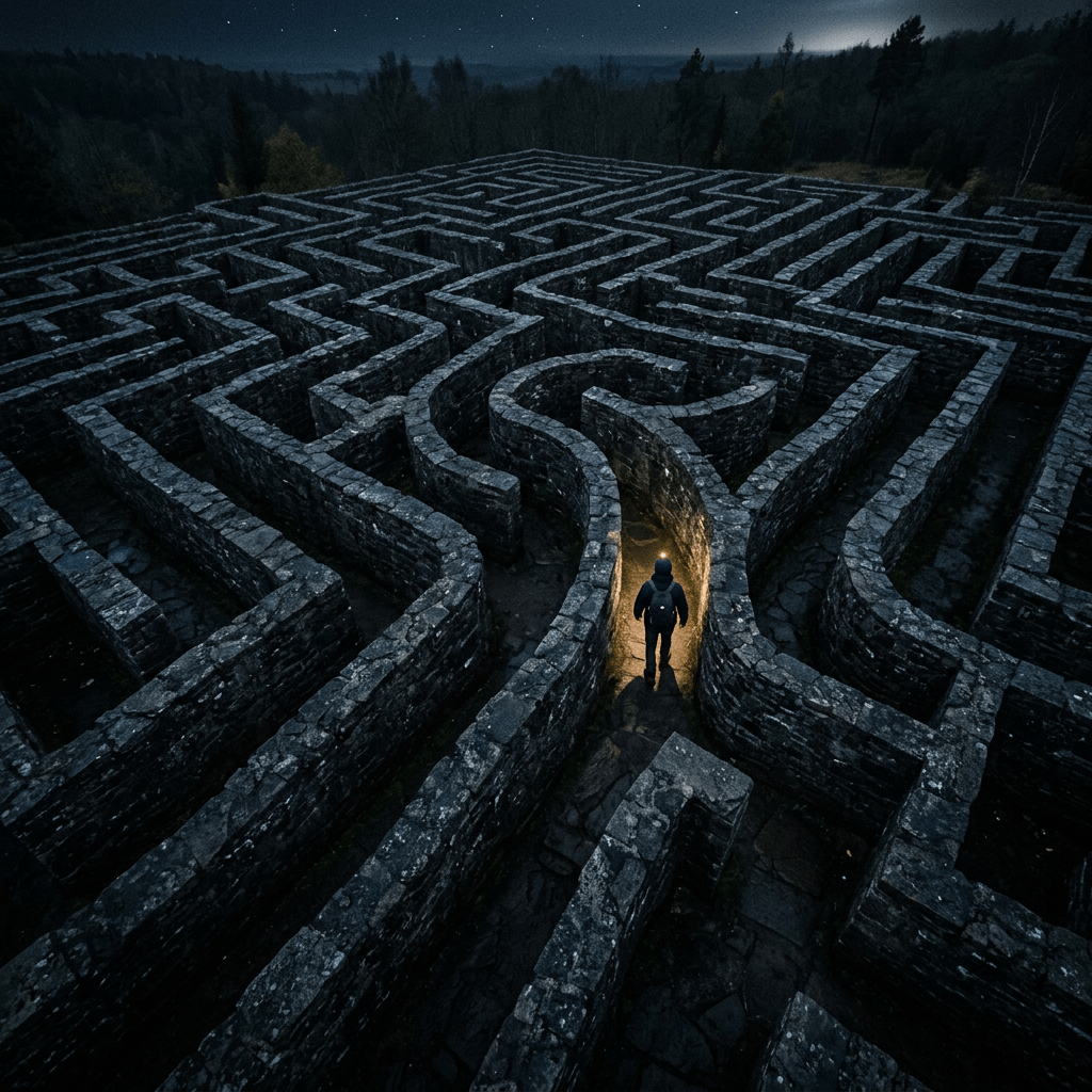 Person walking through dark labyrinth overhead view