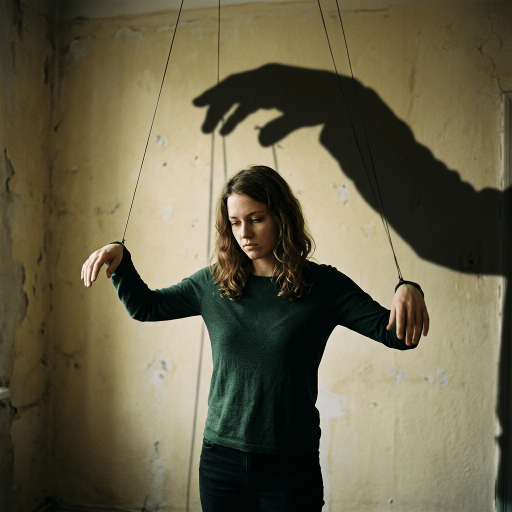 Woman controlled by hand, shadow behind