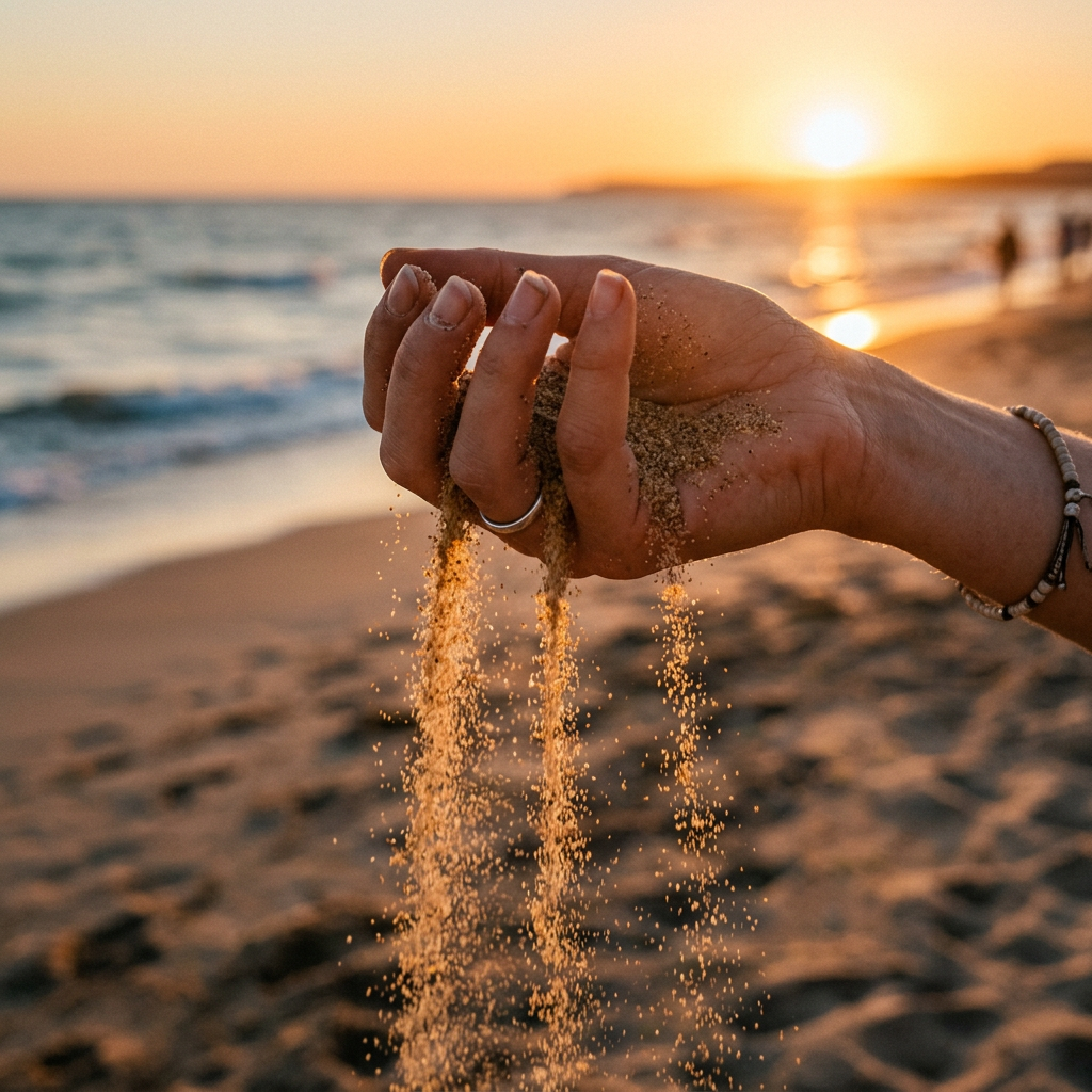 Hand holding and releasing sand with ocean and sunset in background