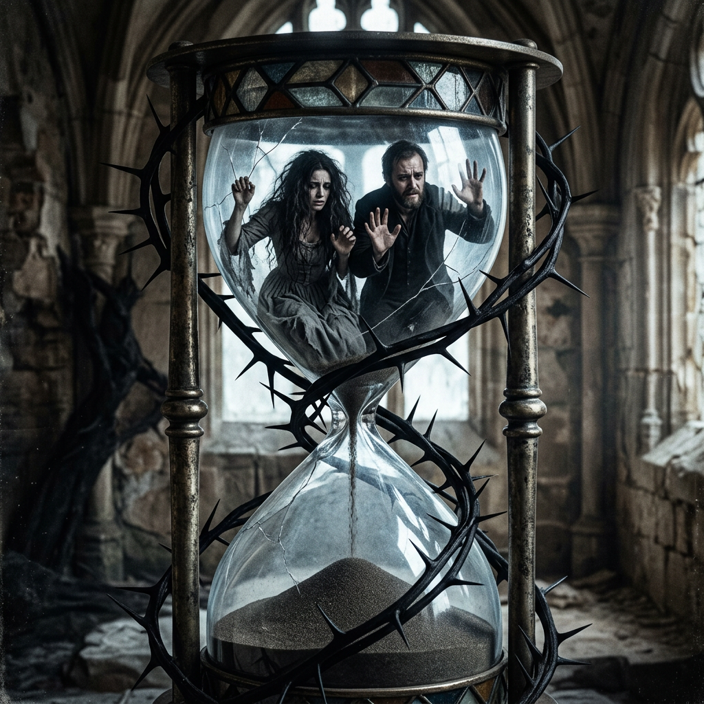 Man and woman trapped in cracked hourglass surrounded by black thorns