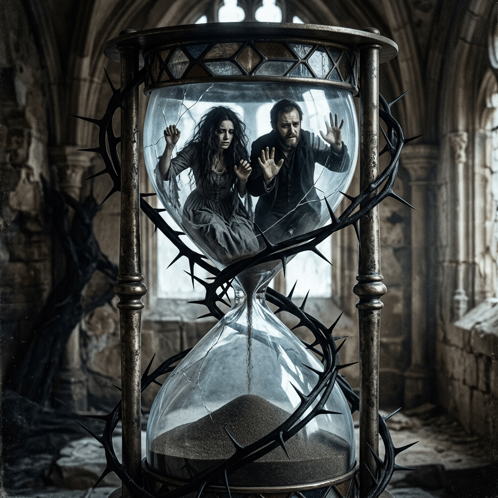 Man and woman trapped in cracked hourglass surrounded by black thorns