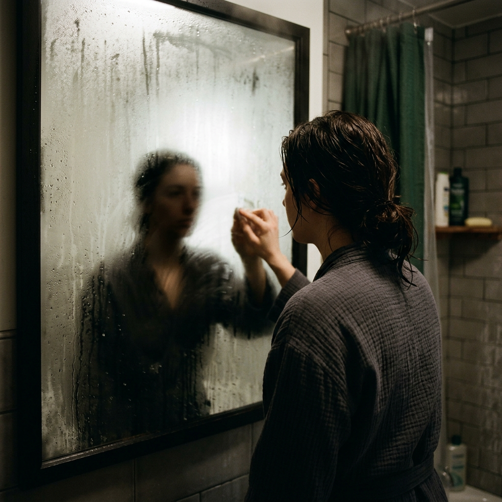 Person in robe wiping condensation off a bathroom mirror