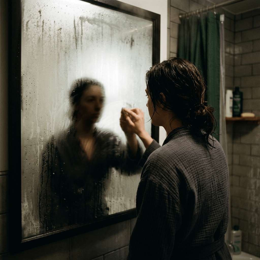 Person in robe wiping condensation off a bathroom mirror