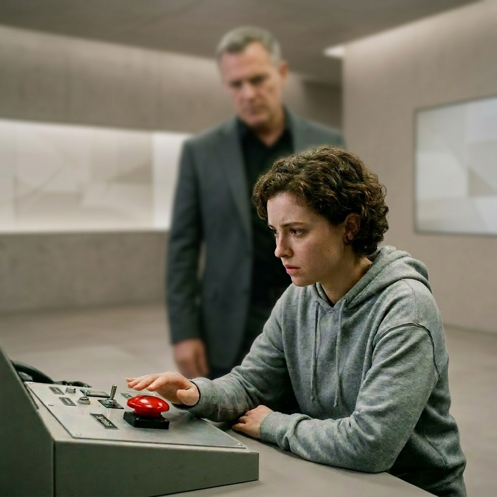 Young woman in gray hoodie about to press a large red emergency button with an older man standing behind her.