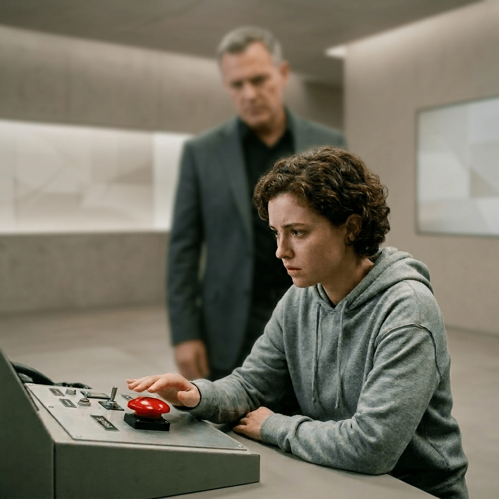 Young woman in gray hoodie about to press a large red emergency button with an older man standing behind her.