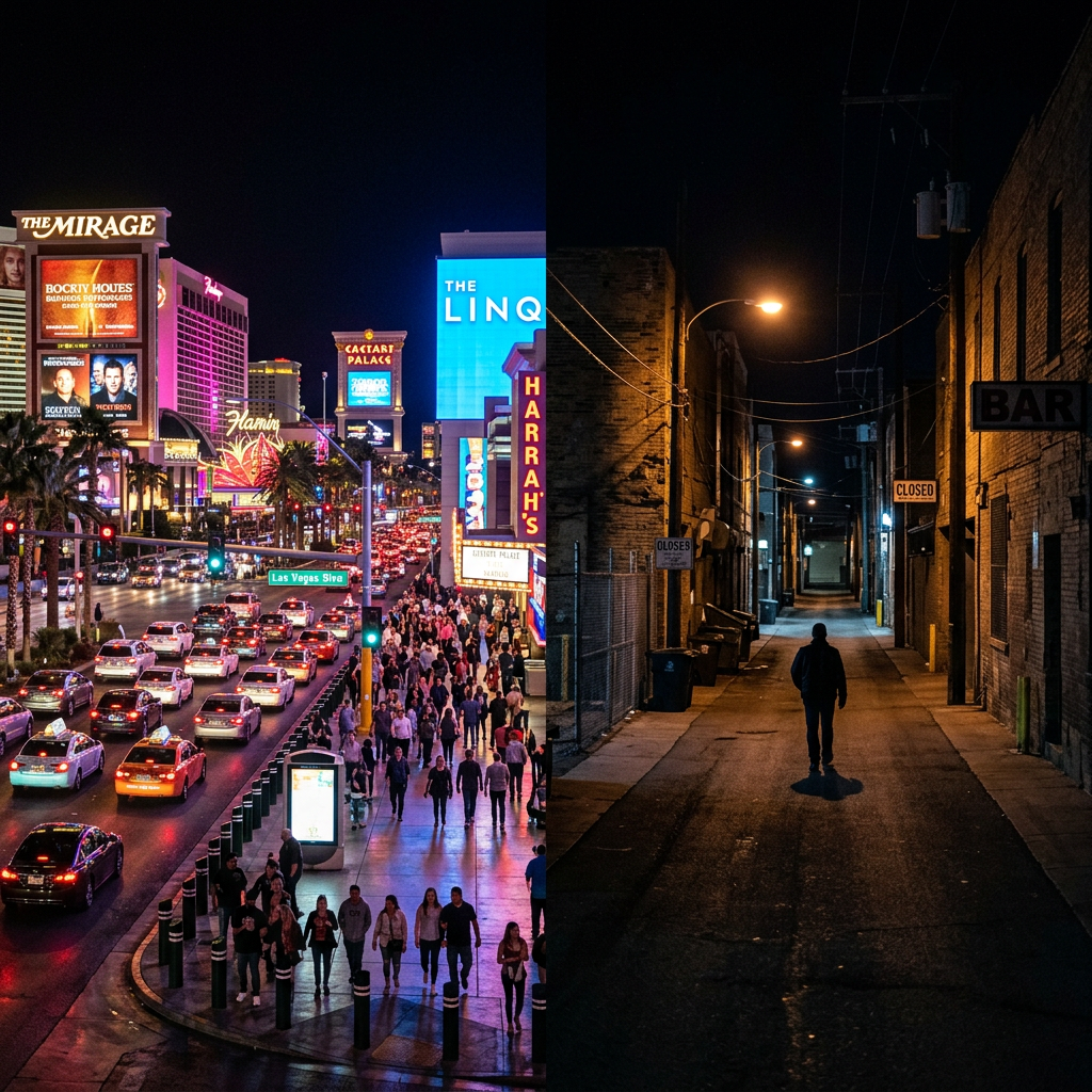 Busy city street with neon lights and crowds alongside a dark empty alley with one person walking