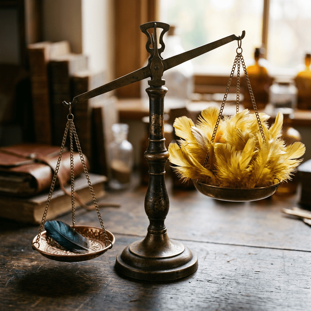 Antique balance scale with one black feather on left side and multiple yellow feathers on right side